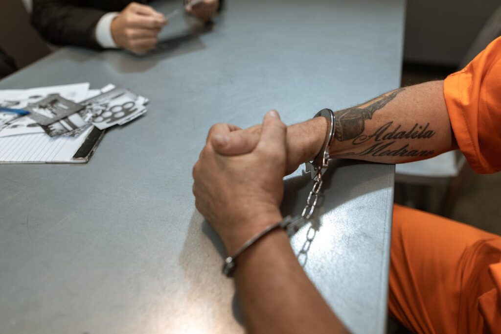 A handcuffed prisoner in an orange jumpsuit sits at a table during an interrogation.